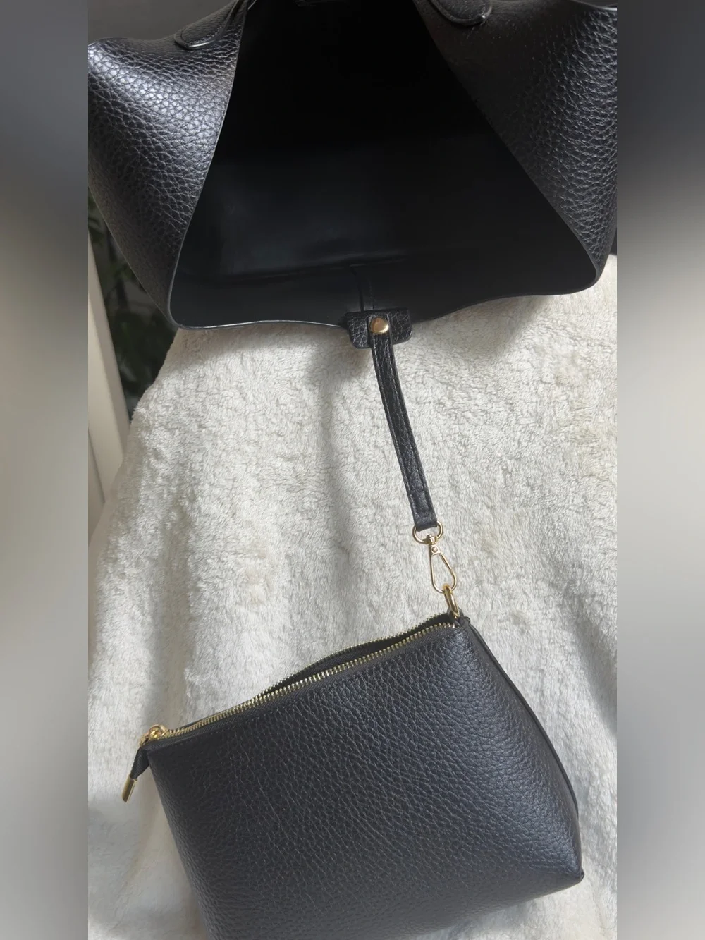 Black Pebbled Leather Slouchy Hobo Bag Minimalist Tulip Tote Pouch